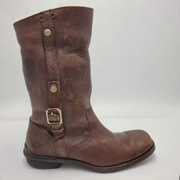Ugg Bellevue Women's Sz 6.5 Leather & Genuine Sheepskin Wool Winter Boots Brown - Picture 16 of 16